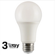 VIRIBRIGHT A19 LED bulb with 3-way technology, displaying a bright white light and an E26 base.