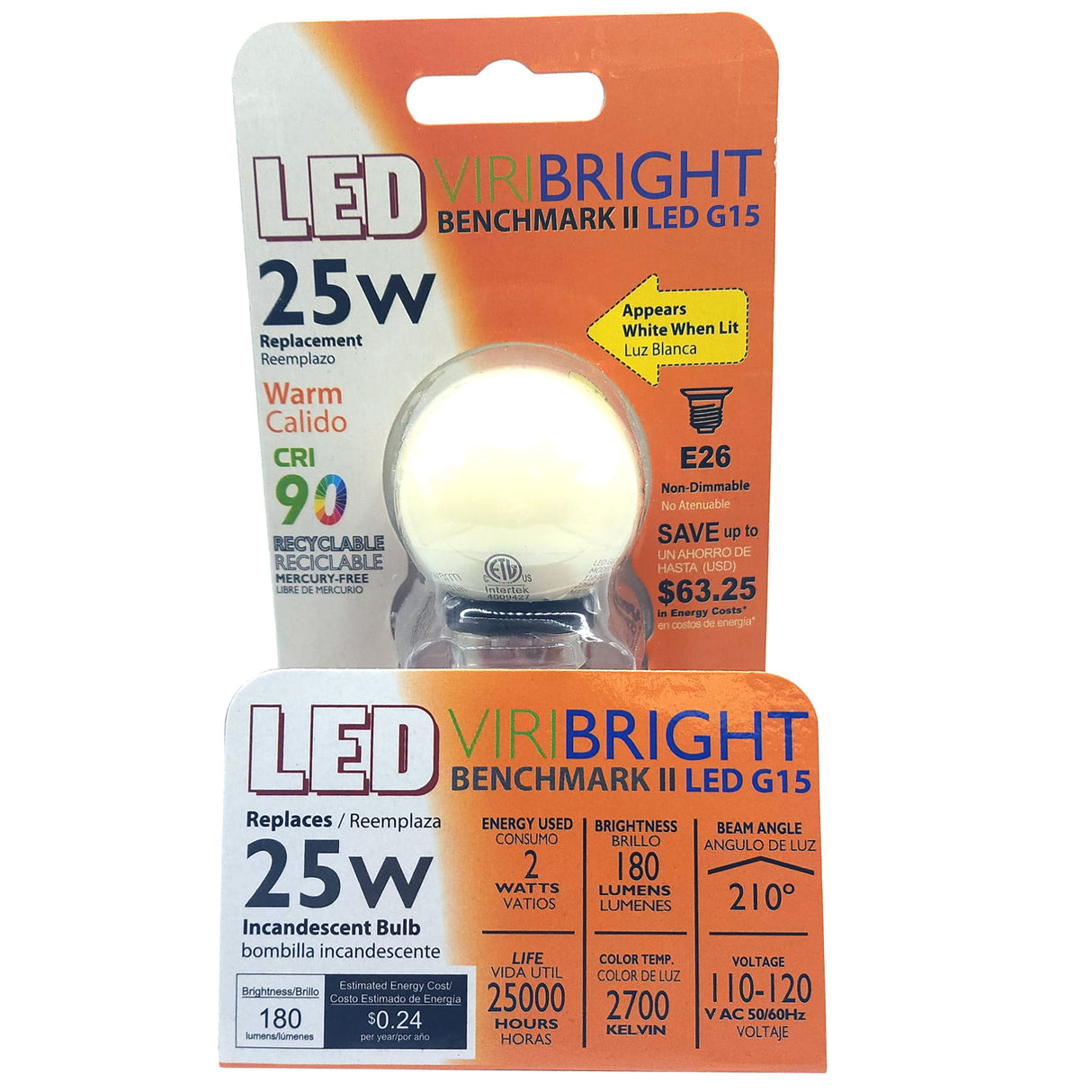 G15 LED Bulb, Globe 180 Lumens, 90+ CRI 2700K (12 Pack)