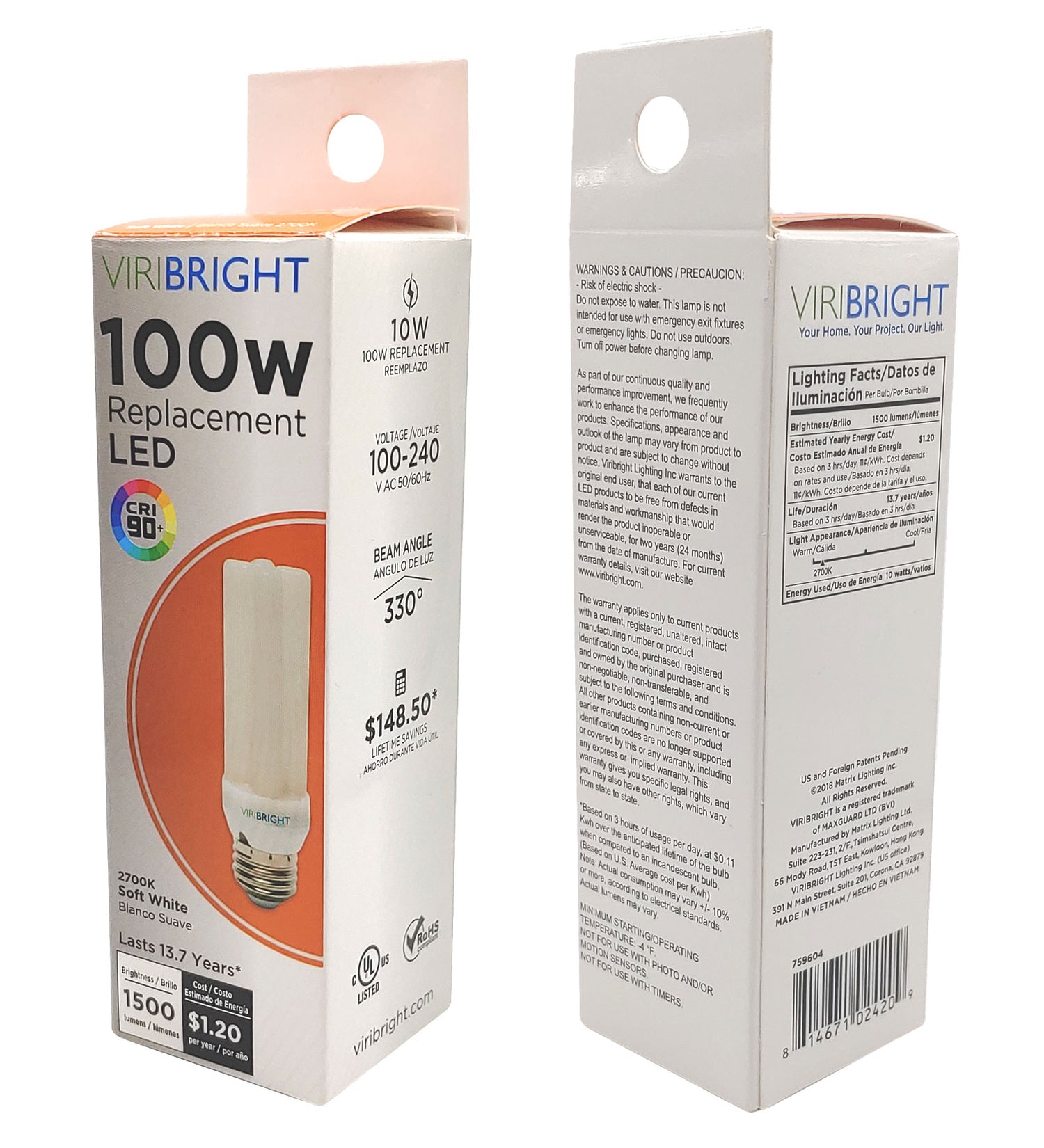 VIRISTICK LED Bulb, 100W Equivalent, E26, 1500 Lumens (12 Pack)