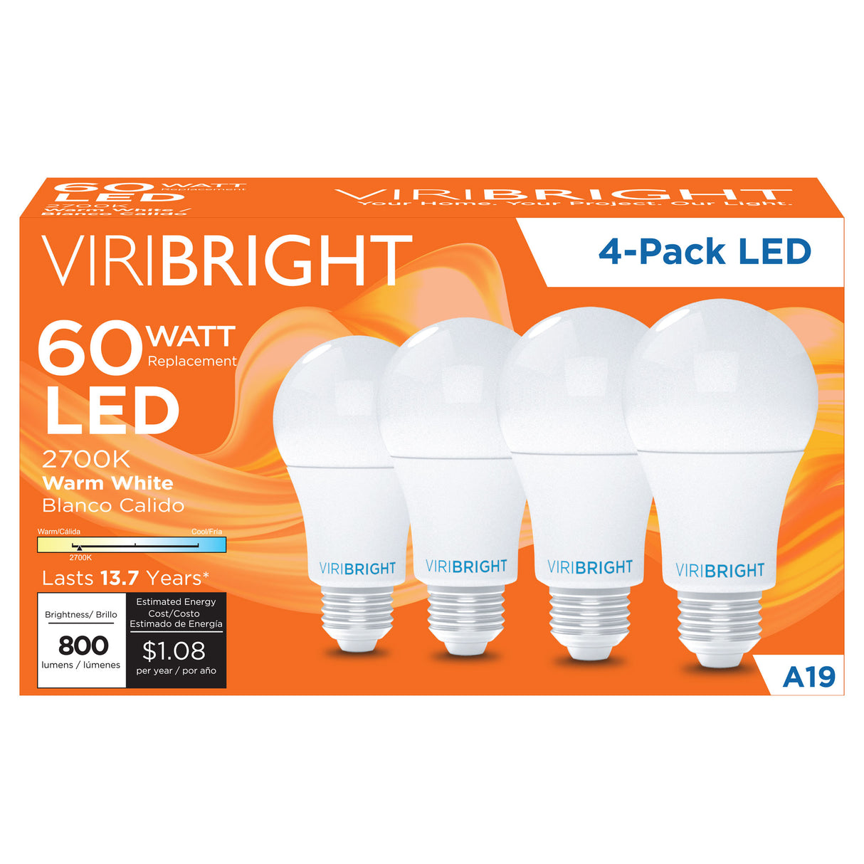 A19 LED Bulb, 9W, Non Dimmable, 850 Lumens - 2700K (4 Pack)