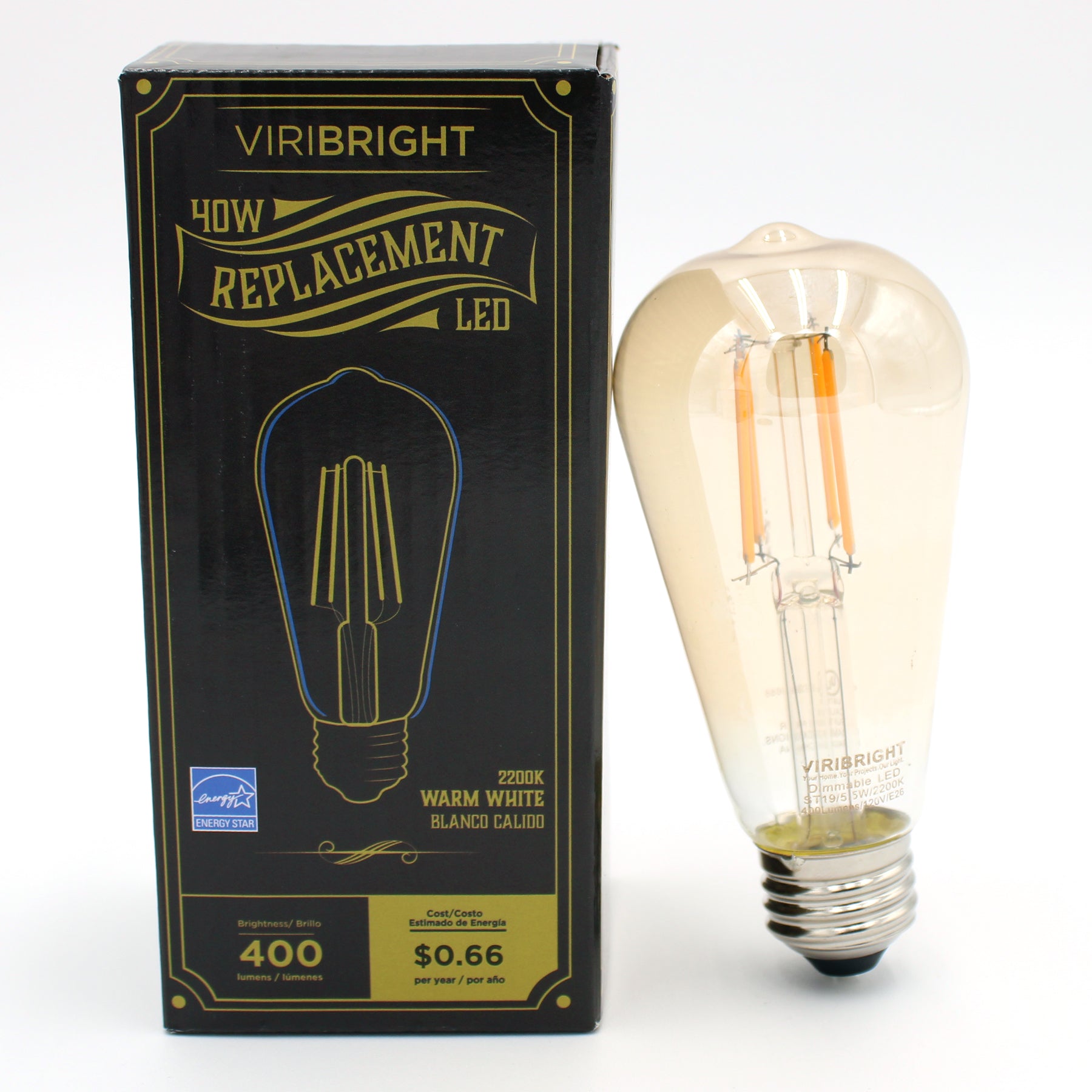 Viribright 40 Watt EQ ST19 E26 LED Edison Light Bulb 2200K Amber