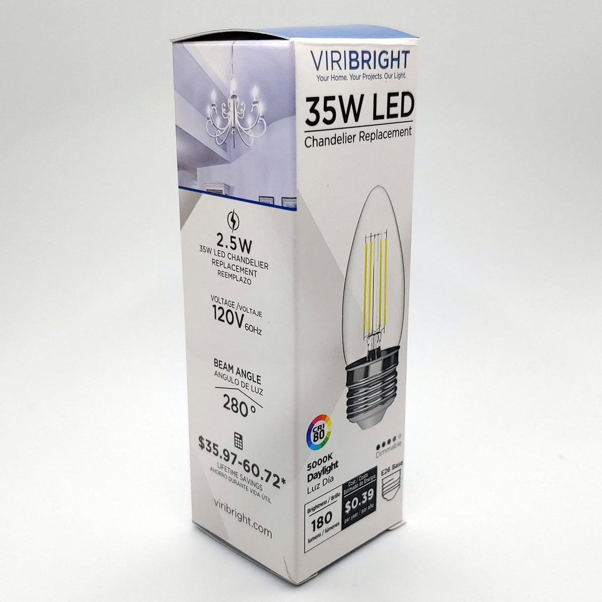 B11 Dimmable LED Filament Bulb – 2.5W (35W Eq), E26 Base, 5000K Daylight, 180 Lumens, 15,000 Hrs, 80+ CRI