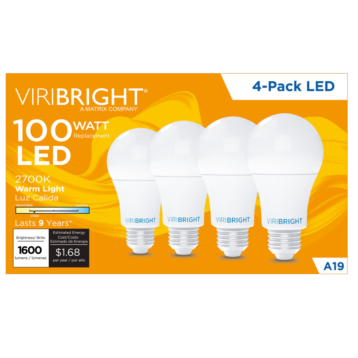 A19 LED Bulb, 1600 Lumens, Dimmable, Energy Star (4 Pack)