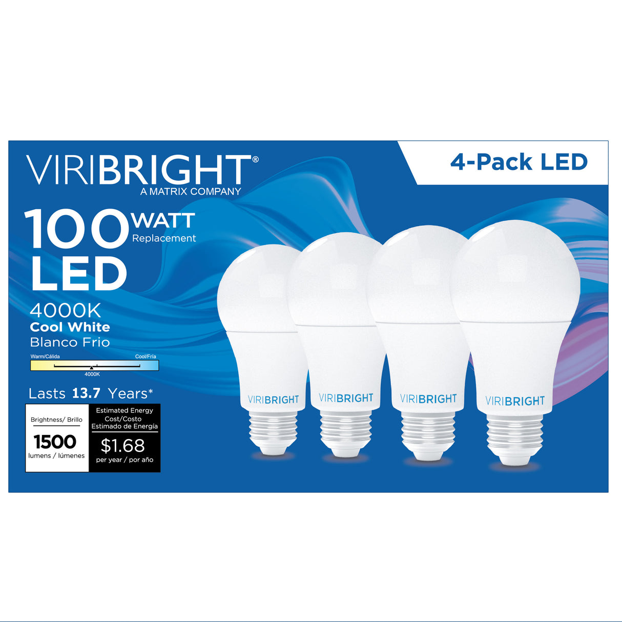 A19 LED Bulb, 1600 Lumens, Dimmable, Energy Star (4 Pack)