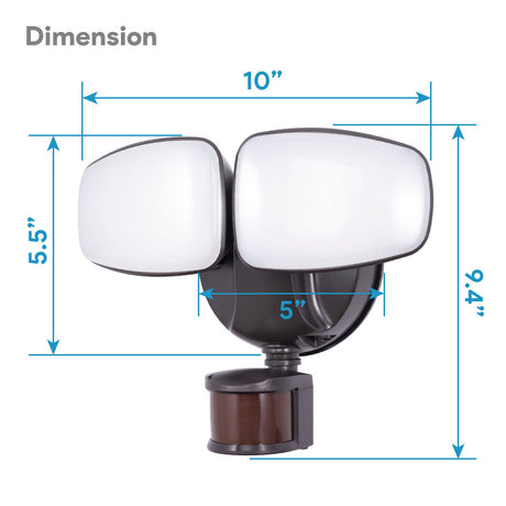 Black LED security light with 3CCT selectable settings, measuring 10" x 9.4" x 5" for versatile installation