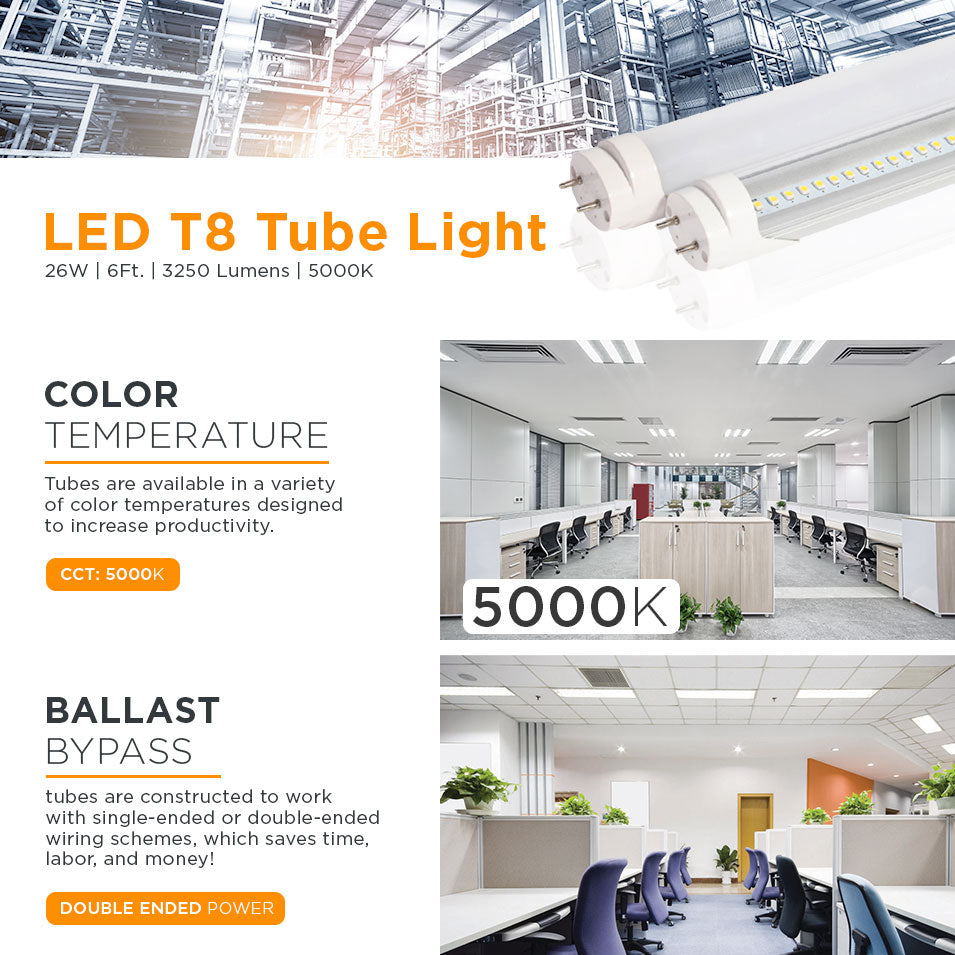 26-Watt T8 6-Foot Ballast Bypass 3250 Lumens LED Tube Bulb (25-Pack)