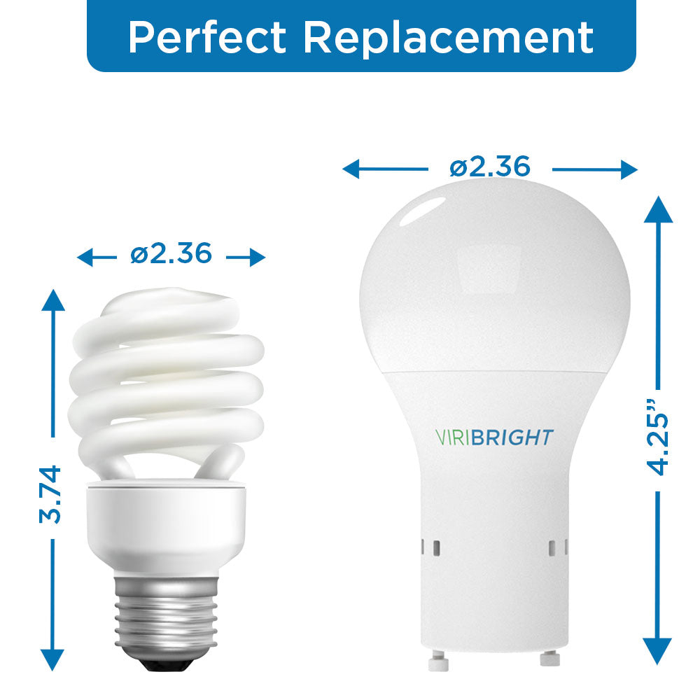 A comparison between a spiral light bulb and the Viri Bright A19 bulb sizes