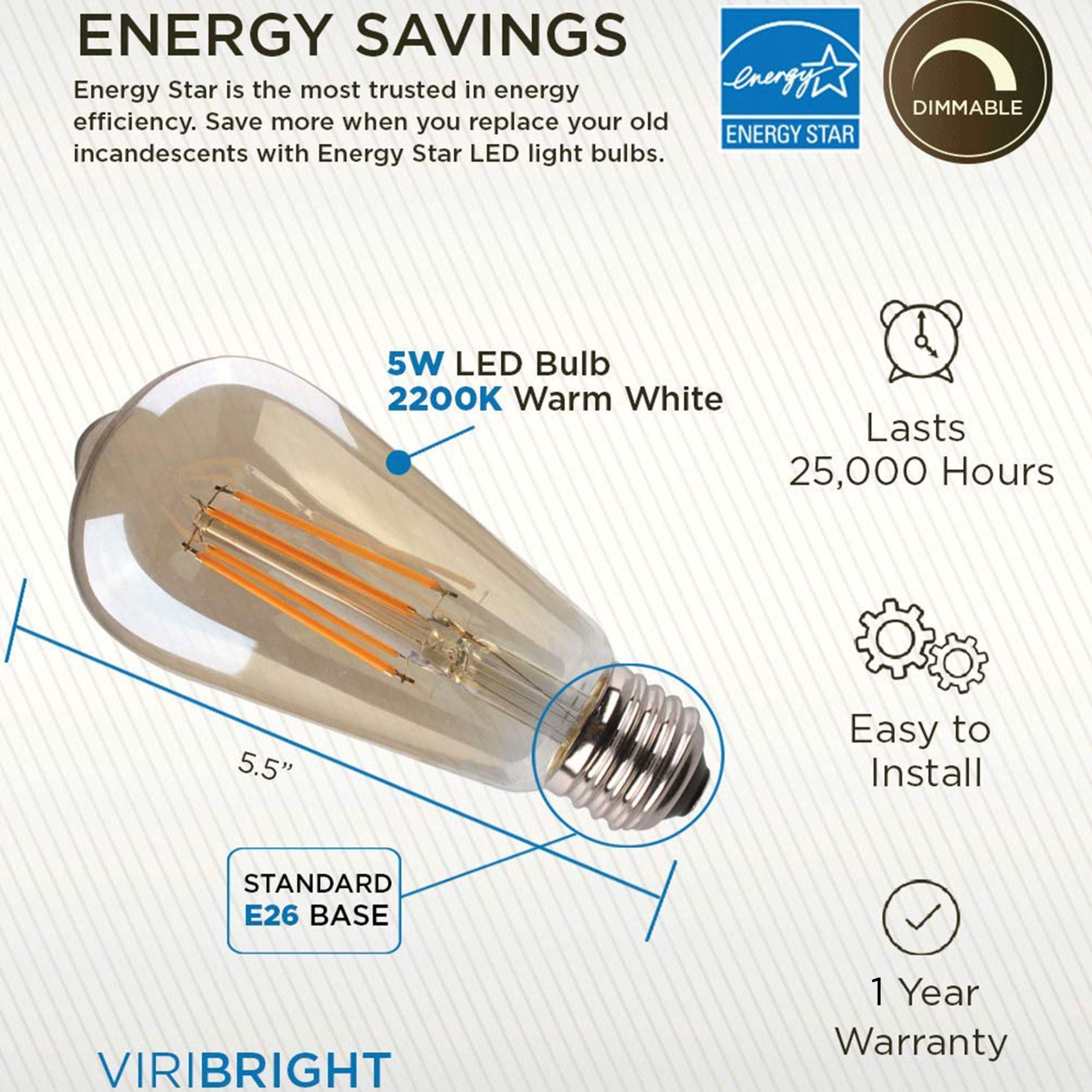 40-Watt Equivalent ST19 Shape E26 Base LED Edison Light Bulb 400 Lumens Amber