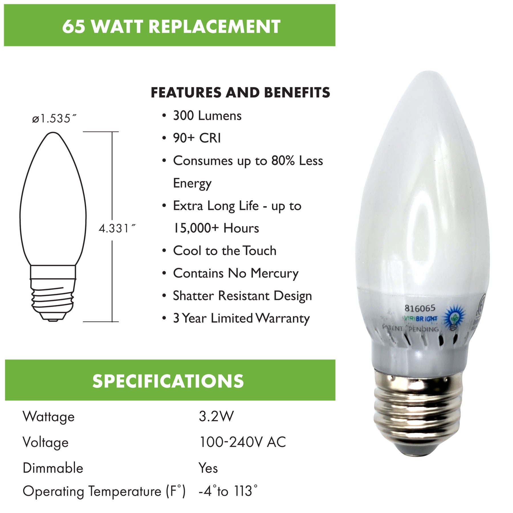 Candelabra Candle 40 Watt Equivalent B11 E26 Frosted LED Light Bulb